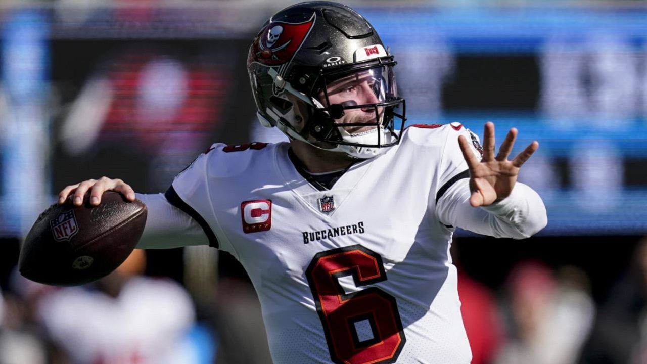 Bucs quarterback Baker Mayfield (6) throws a pass against the Carolina Panthers Sunday during the Bucs' 9-0 win. (AP Photo/Erik Verduzco)