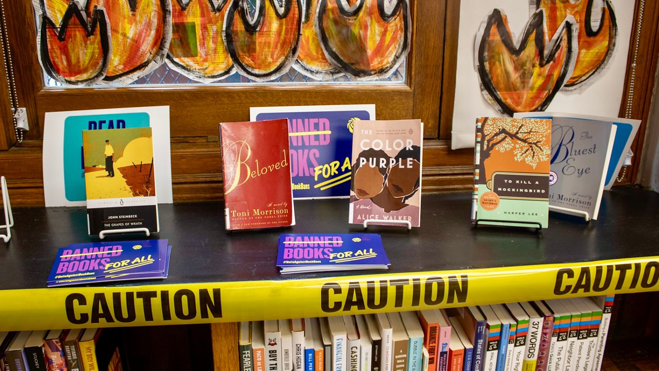 A banned books display. (AP Photo/Ted Shaffrey)