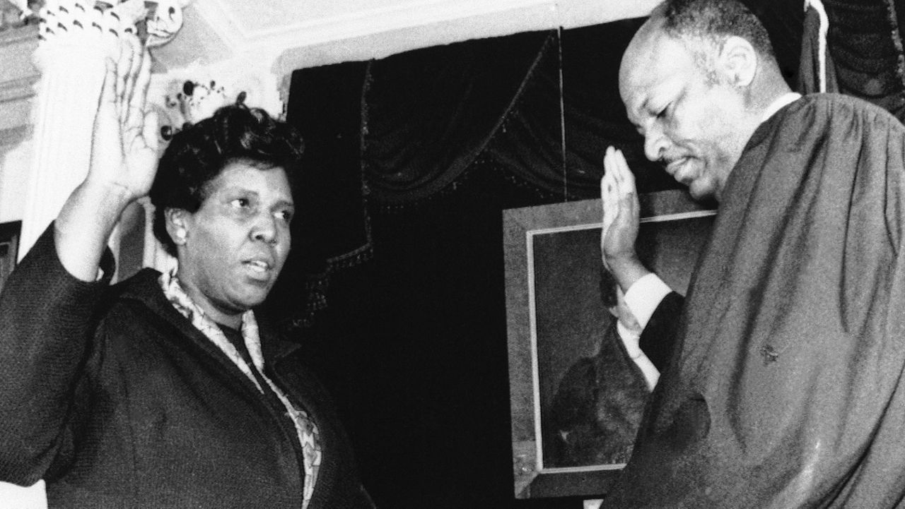 State Sen. Barbara Jordan of Houston on Saturday became the first black woman to serve as governor of any state, is sworn in as Governor of Texas for a day on Saturday, June 10, 1972 in Austin, Texas. (AP Photo/TWP)