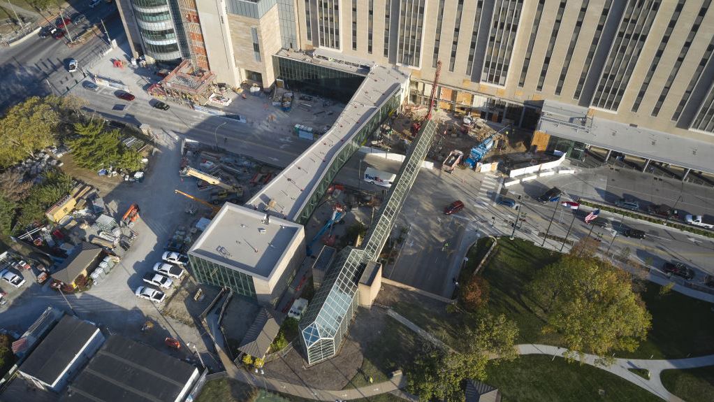 The demolition of the old bridge includes removing all of the glass and then dismantling the steel into pieces that will be lowered to the ground. The steel sections will be lowered as early as 6 a.m. on Saturday. (Photo courtesy of BJC HealthCare)