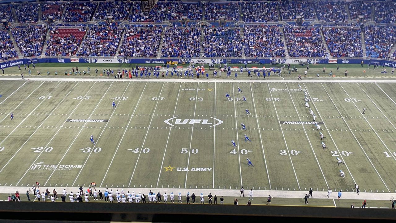 The St. Louis Battlehawks received the opening kickoff from the Arlington Renegades at the Dome at America's Center in a game that set a new modern record for spring football attendance with 40,317 fans on April 7, 2024. The total broke a record set by the Battlehawks in 2023. (Spectrum News/Gregg Palermo)