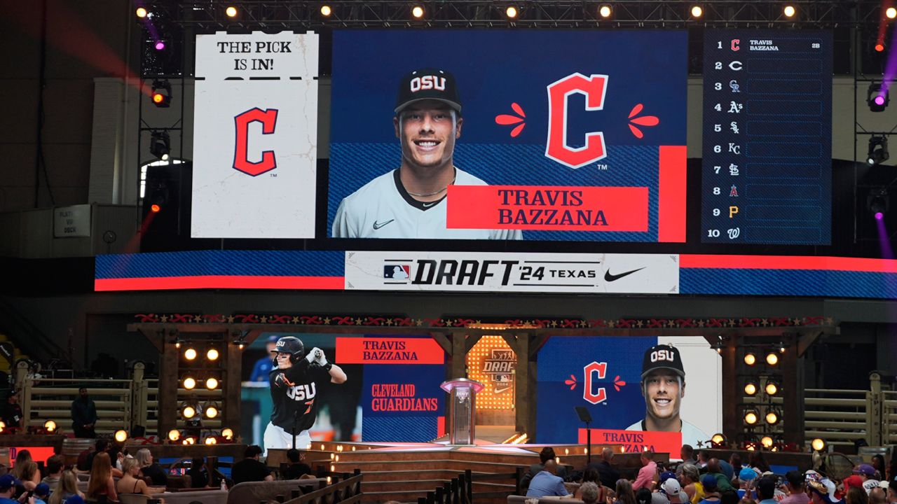 An image of Travis Bazzana is shown on the video board after the Cleveland Guardians selected Bazzana, the first overall pick in the MLB baseball draft, in Fort Worth, Texas, Sunday, July 14, 2024. 