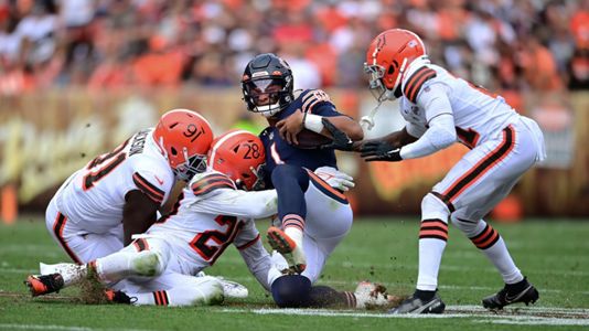 CLEVELAND, OH - SEPTEMBER 26: Cleveland Browns defensive end Myles Garrett  (95) and Cleveland Browns linebacker Jeremiah Owusu-Koramoah (28) sack  Chicago Bears quarterback Justin Fields (1) during the second quarter of the