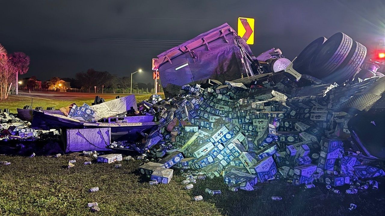 Florida Highway Patrol troopers responded to the I-75 semi-truck beer crash  just after 3 a.m. on I-75 near the Ruskin rest area off ramp. (FHP)