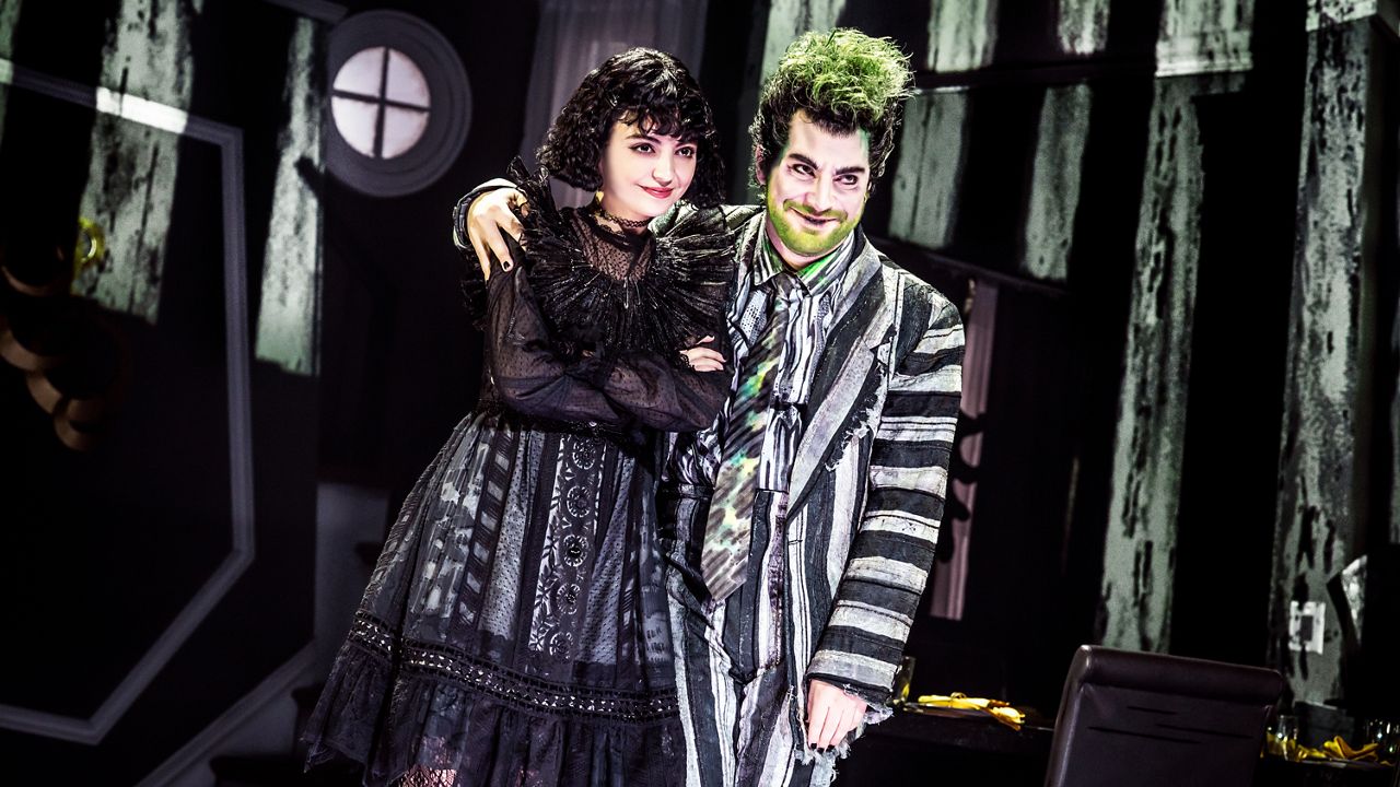 Pictured (L-R): Isabella Esler (Lydia) and Justin Collette (Beetlejuice). (Photo by Matthew Murphy)