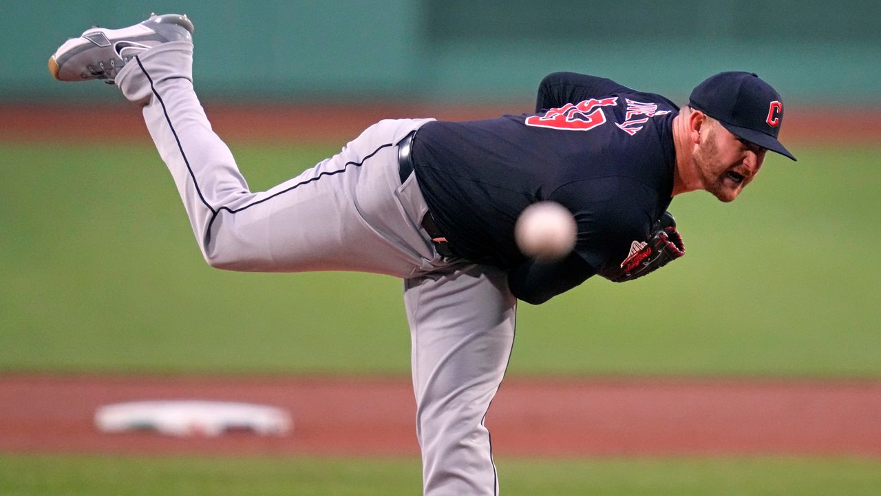 Cleveland Guardians pitcher Ben Lively delivers during the first inning of the team's baseball game against the Boston Red Sox, Wednesday, April 17, 2024, in Boston. (AP Photo/Charles Krupa)