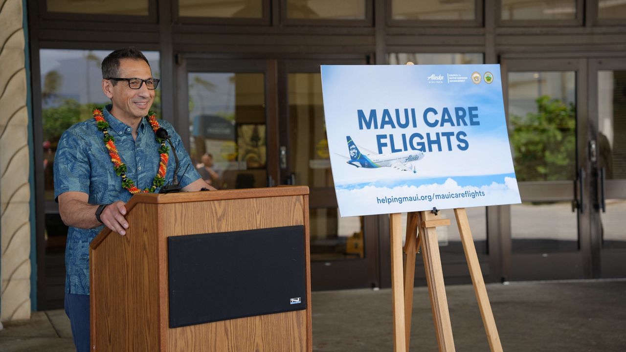 Alaska Airlines Ben Minicucci spoke during a Wednesday news conference introducing the Maui CARE Flights program. (Office of Gov. Josh Green)