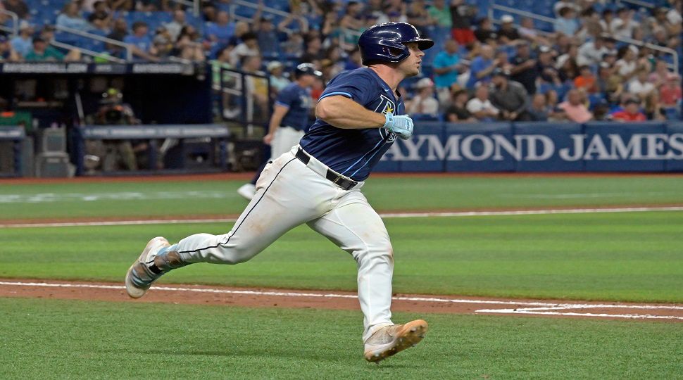 Tampa Bay Rays' Ben Rortvedt heads to first base after hitting a single off Seattle Mariners reliever Cody Bolton during the seventh inning of a baseball game Tuesday, June 25, 2024, in St. Petersburg, Fla. Two runs scored. (AP Photo/Steve Nesius)