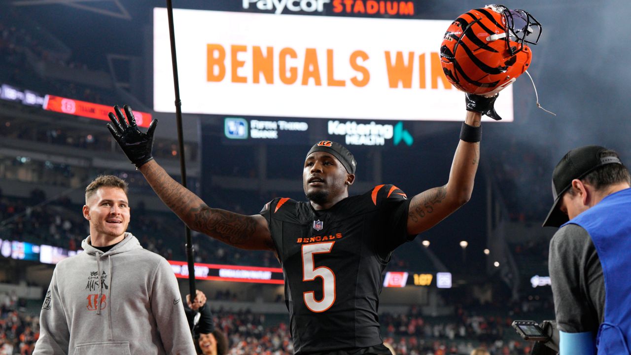 Cincinnati Bengals wide receiver Tee Higgins (5) celebrates after an NFL football game against the Denver Broncos in Cincinnati, Saturday, Dec. 28, 2024.