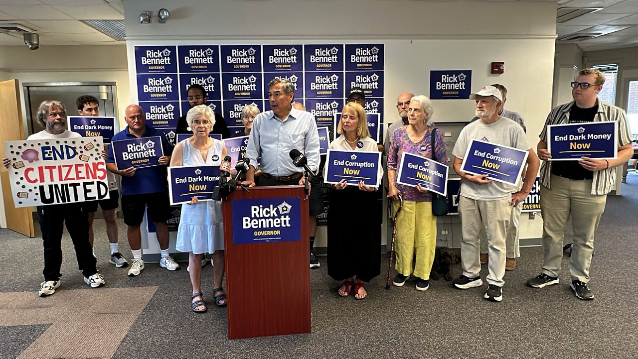 Maine Senator and gubernatorial candidate Rick Bennett appears with his supporters at his campaign headquarters in Auburn Thursday. (Spectrum News/Sean Murphy)