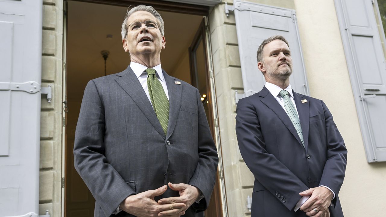 US Secretary of the Treasury Scott Bessent, left, and US Trade Representative Jamieson Greer meet the media on the second day of a bilateral meeting between the United States and China, in Geneva, Switzerland, Sunday, May 11, 2025. (Martial Trezzini/Keystone via AP)