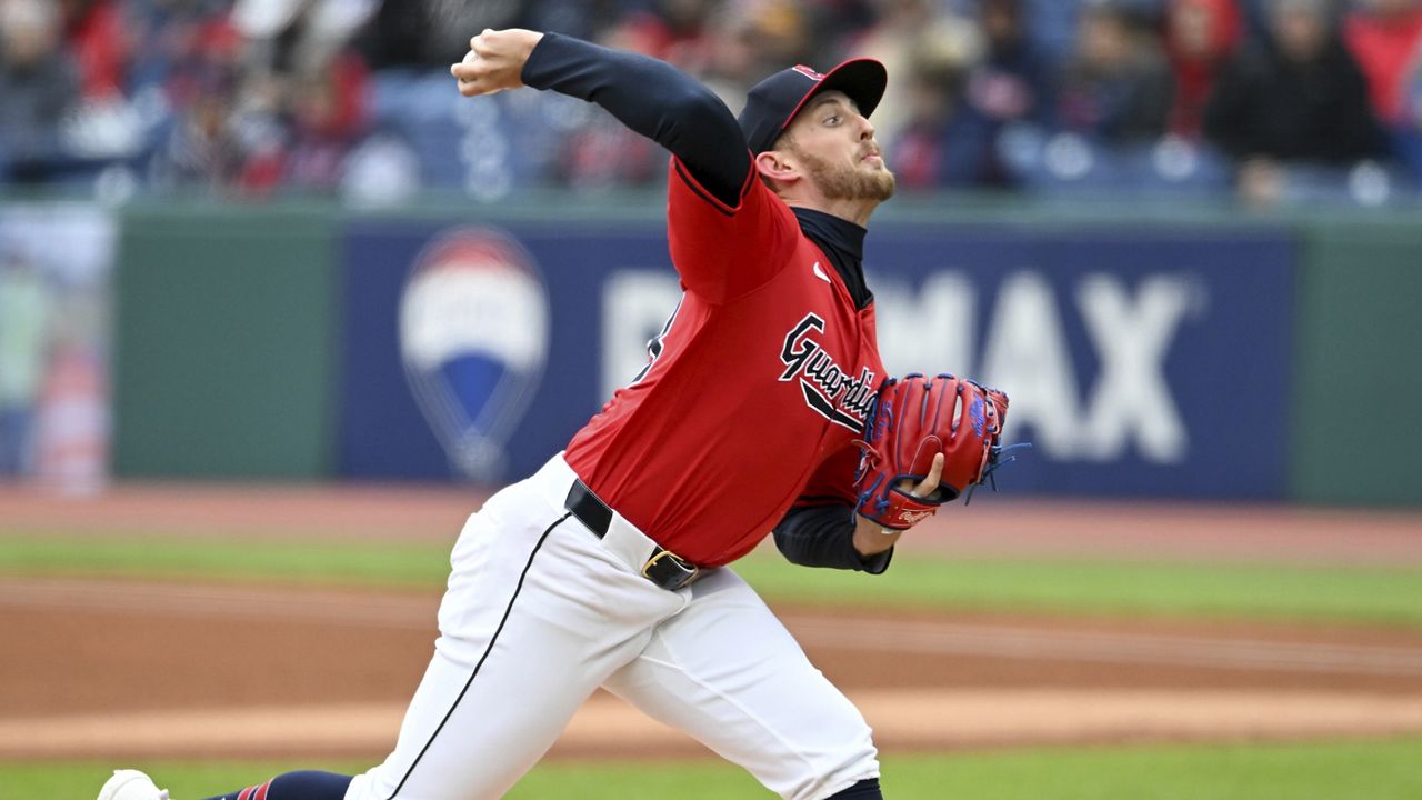 Cleveland Guardians starting pitcher Tanner Bibee delivers during the first inning of a baseball game against the Oakland Athletics, Sunday, April 21, 2024, in Cleveland. (AP Photo/Nick Cammett)