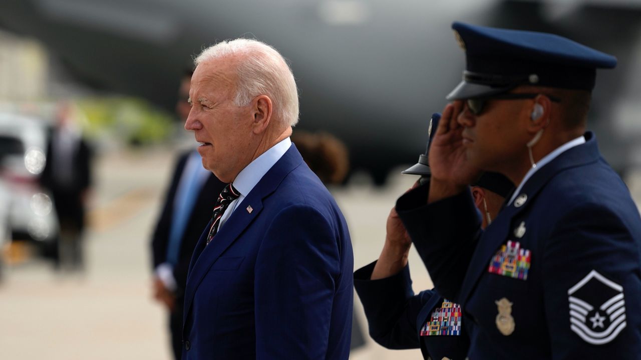 President Joe Biden arrives on Air Force One at Roland R. Wright International Guard Base, Wednesday, Aug. 9, 2023, in Salt Lake City. (AP Photo/Alex Brandon)