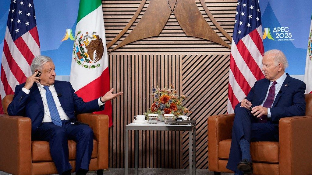 President Joe Biden meets with Mexican President Andres Manuel Lopez Obrador at the Asia-Pacific Economic Cooperative summit, Nov. 17, 2023, in San Francisco. (AP Photo/Evan Vucci)