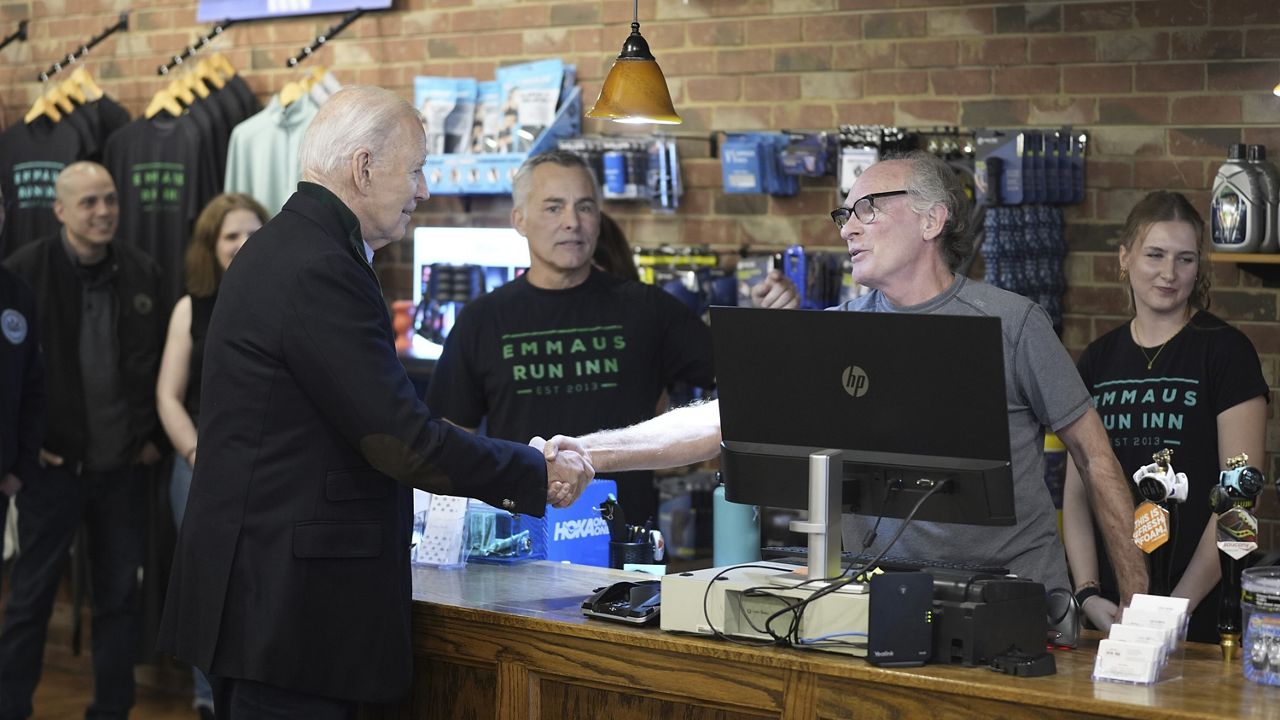 President Joe Biden greets and speaks with workers at Emmaus Run Inn during a visit to discuss his economic agenda, Friday, Jan. 12, 2024, in Emmaus, Pa. (AP Photo/Evan Vucci)
