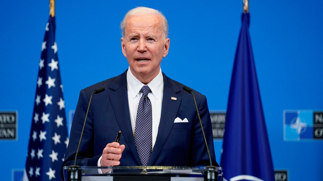 President Joe Biden speaks about the Russian invasion of Ukraine during a news conference after a NATO summit and Group of Seven meeting at NATO headquarters, Thursday, March 24, 2022, in Brussels. (AP Photo/Evan Vucci)