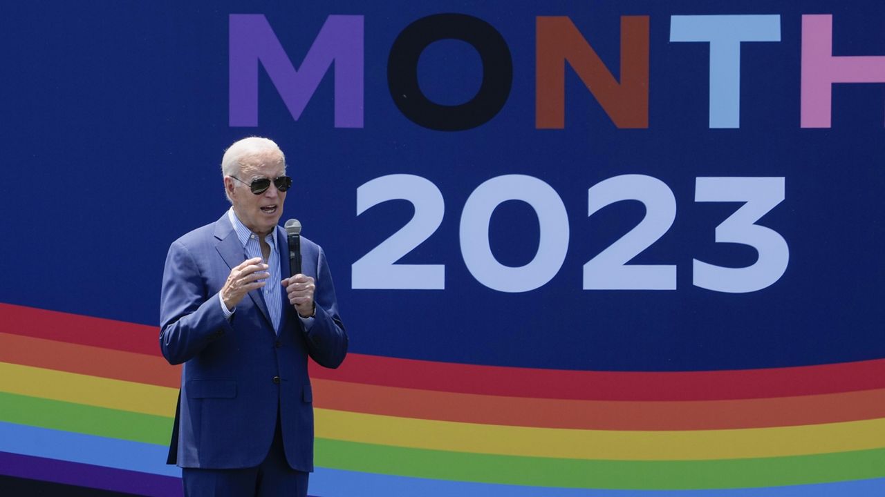 President Joe Biden speaks at a Pride Month celebration on the South Lawn of the White House, Saturday, June 10, 2023, in Washington. (AP Photo/Manuel Balce Ceneta)