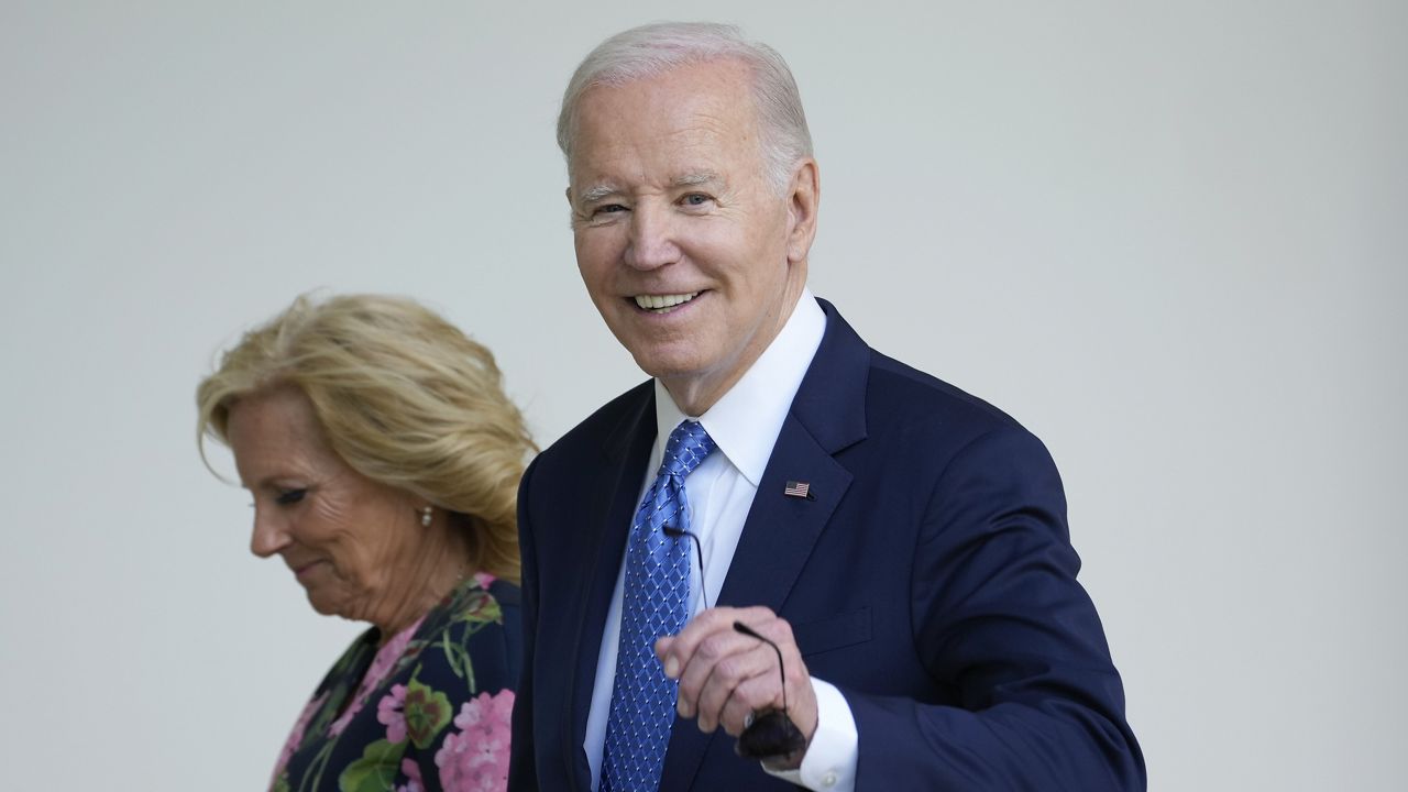 President Joe Biden and first lady Jill Biden walk back to the White House after speaking during a ceremony honoring the Council of Chief State School Officers' 2023 Teachers of the Year in the Rose Garden, Monday, April 24, 2023 in Washington. (AP Photo/Andrew Harnik)