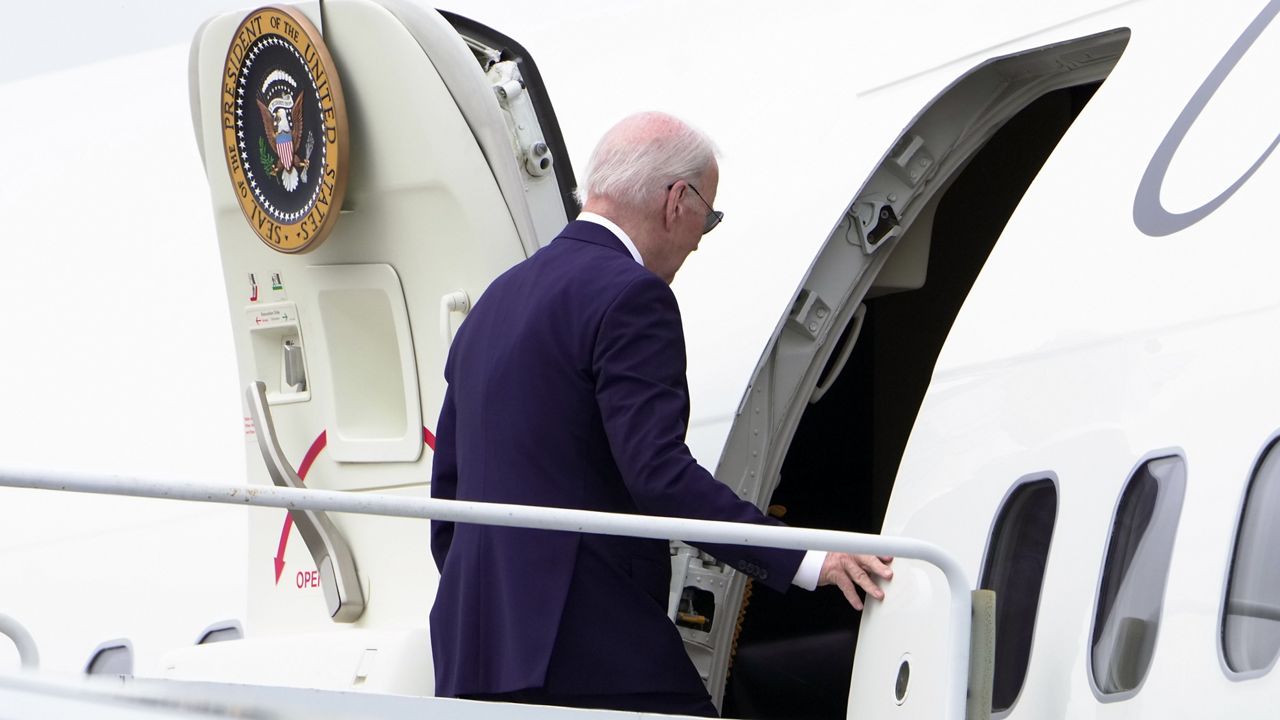 President Joe Biden boards Air Force One to depart Delaware Air National Guard Base in New Castle, Del., Monday, May 6, 2024. Biden is returning back to the White House. (AP Photo/Manuel Balce Ceneta)