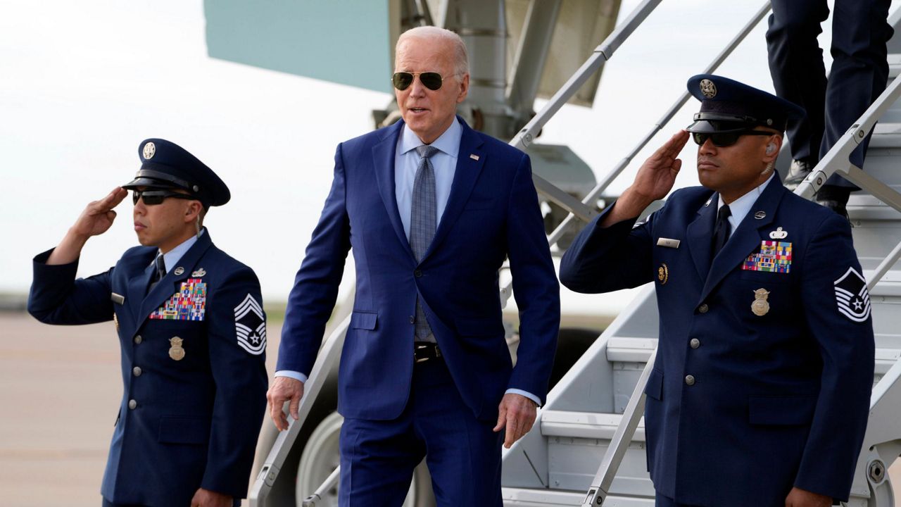 President Joe Biden arrives on Air Force One Wednesday March 20, 2024, at Dallas-Fort Worth International Airport, in Dallas. (AP Photo/Jacquelyn Martin)