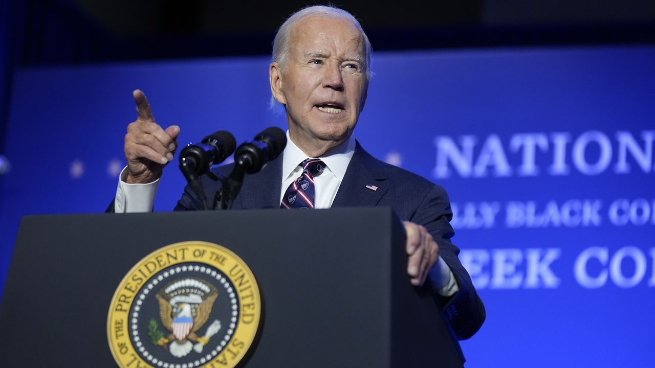 President Joe Biden speaks at the 2024 National HBCU Week Conference in Philadelphia, Monday, Sept. 16, 2024. (AP Photo/Manuel Balce Ceneta)