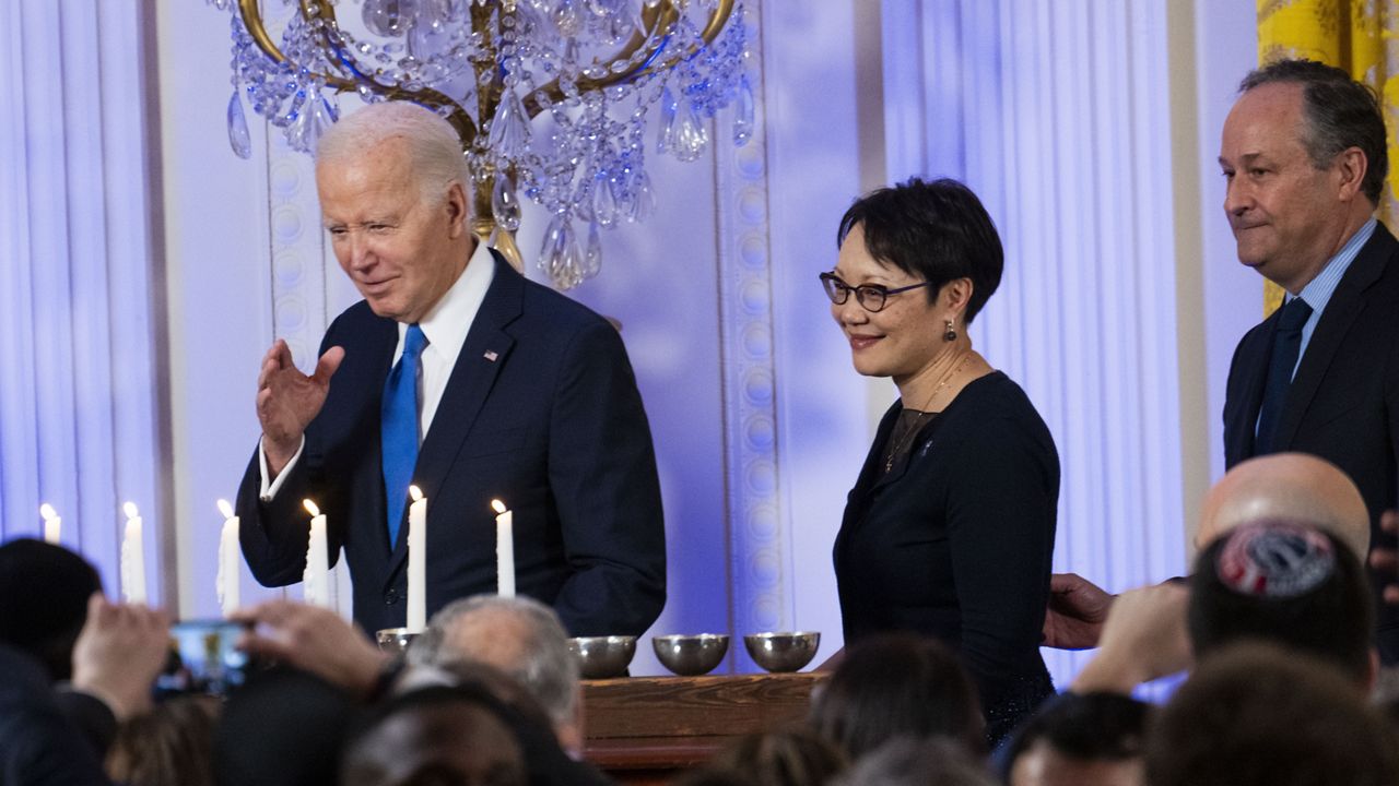 Doug Emhoff, husband of Vice President Kamala Harris, speaks during the National Chanukah Menorah lighting, Thursday, Dec. 7, 2023, on the ellipse of the White House complex in Washington. (AP Photo/Jacquelyn Martin)