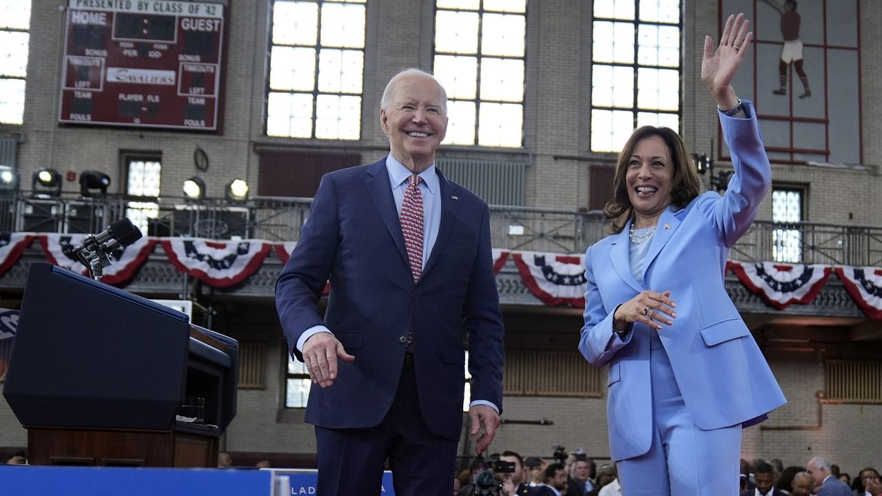 President Joe Biden and Vice President Kamala Harris wave at a campaign event at Girard College, Wednesday, May 29, 2024, in Philadelphia. (AP Photo/Evan Vucci)