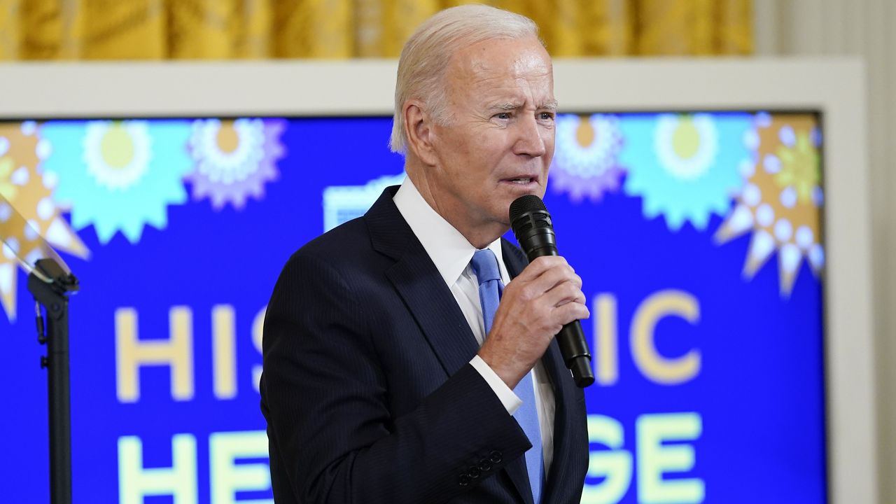 President Joe Biden speaks during a reception in the East Room of the White House for Hispanic Heritage Month in Washington, Sept. 30, 2022. (AP Photo/Susan Walsh)