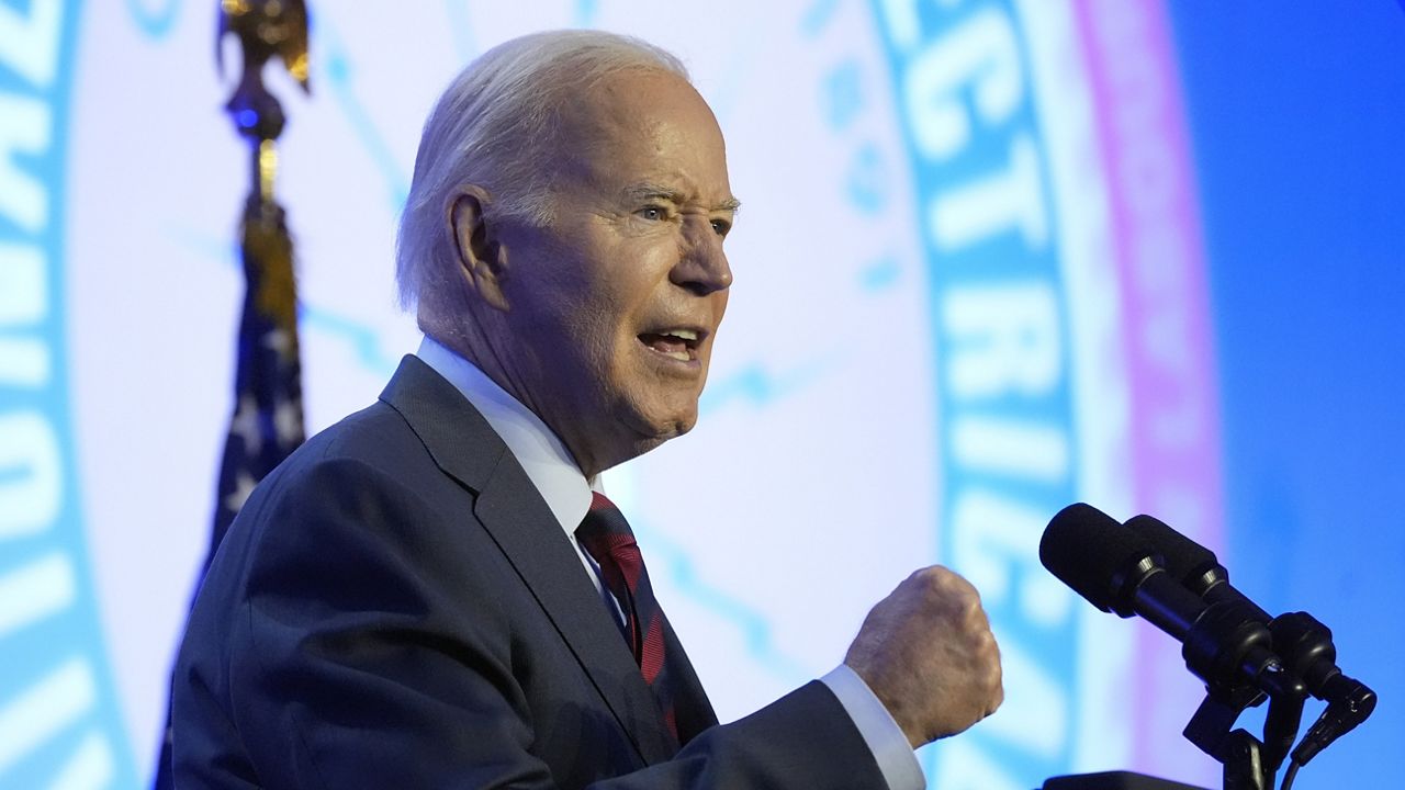 President Joe Biden speaks at the IBEW Construction and Maintenance Conference, Friday, April 19, 2024, in Washington. (AP Photo/Alex Brandon)