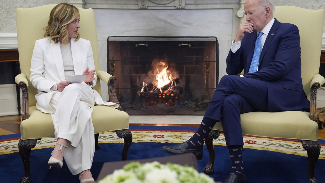 President Joe Biden meets Italian Prime Minister Giorgia Meloni in the Oval Office of the White House, Friday, March 1, 2024, in Washington. (AP Photo/Evan Vucci)