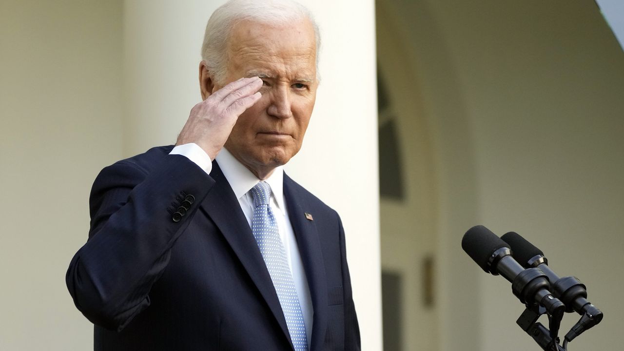 President Joe Biden salutes as he speaks during a Jewish American Heritage Month event, Monday May 20, 2024, in the Rose Garden of the White House in Washington. (AP Photo/Jacquelyn Martin)