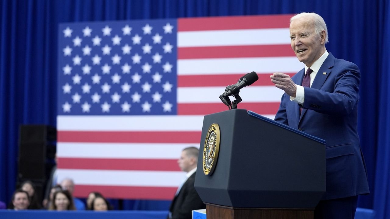 President Joe Biden delivers remarks on lowering prices for American families during an event at the YMCA Allard Center, Monday, March 11, 2024, in Goffstown, N.H. (AP Photo/Evan Vucci)