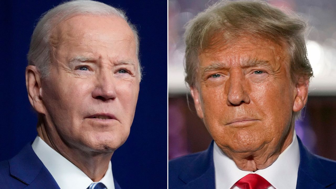 In this combination of photos, President Joe Biden, left, speaks on Aug. 10, 2023, in Salt Lake City, and former President Donald Trump speaks on June 13, 2023, in Bedminster, N.J. (AP Photo)