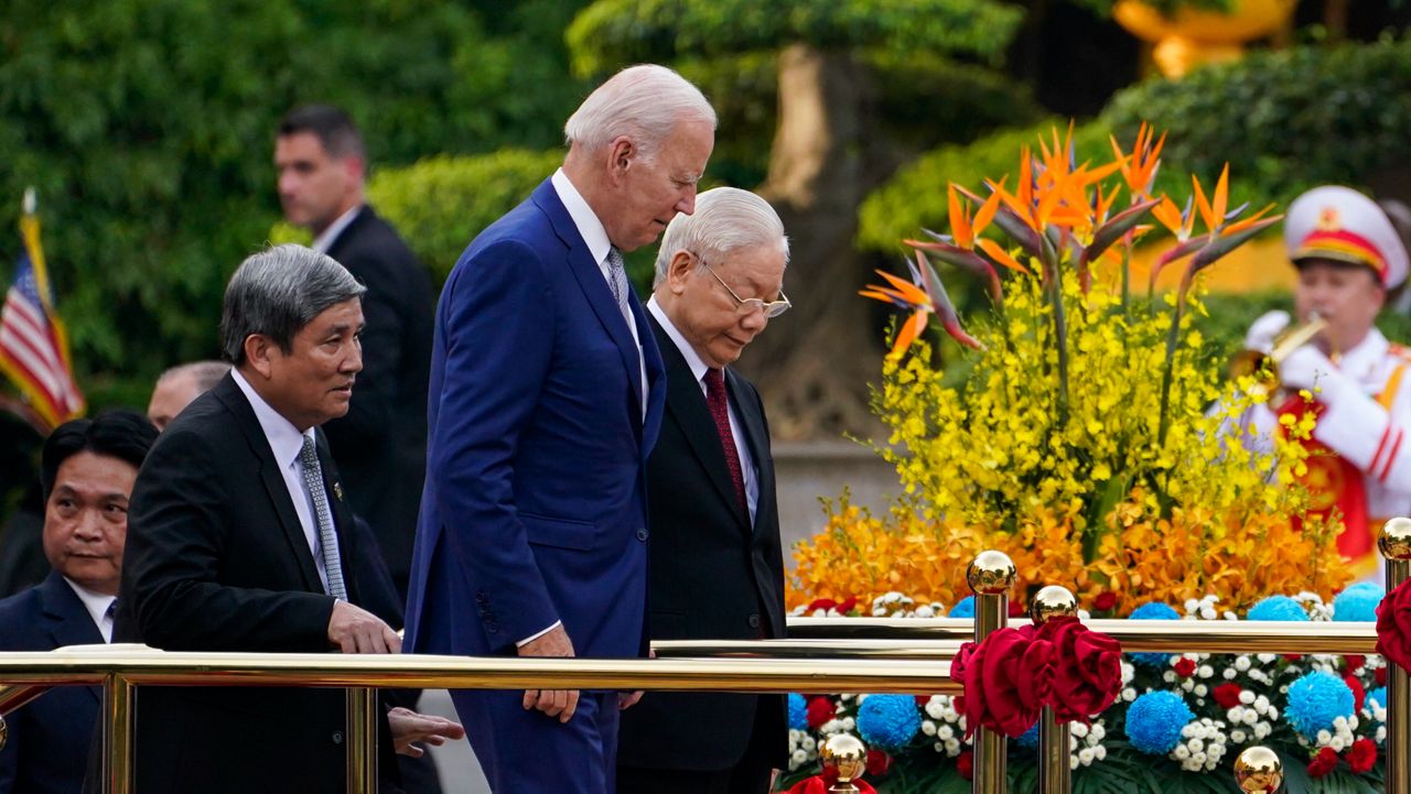 U.S. President Joe Biden participates in a welcome ceremony hosted by Vietnam's Communist Party General Secretary Nguyen Phu Trong at the Presidential Palace in Hanoi, Vietnam, Sunday, Sept. 10, 2023. (AP Photo/Evan Vucci)