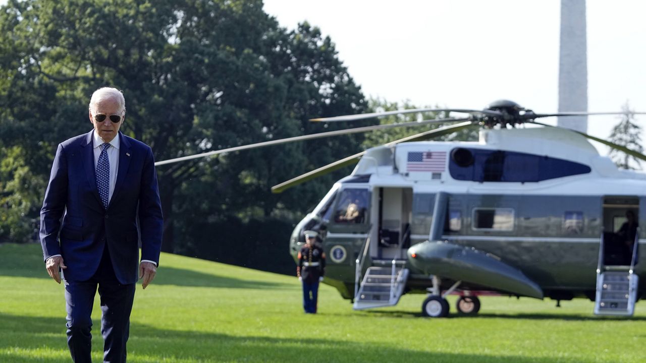 President Joe Biden walks from Marine One on the South Lawn of the White House, Monday, Sept. 2, 2024, in Washington, after returning from Rehoboth Beach, Del. (AP Photo/Mark Schiefelbein)