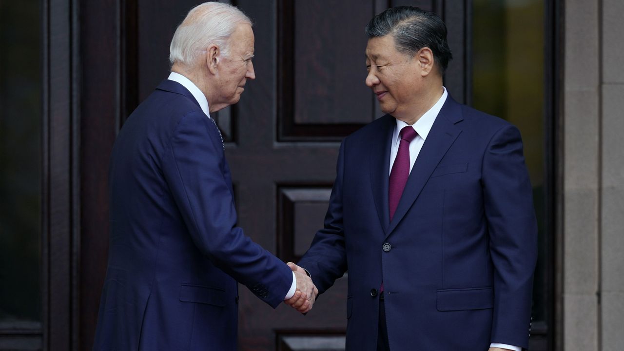 President Joe Biden greets China's President President Xi Jinping at the Filoli Estate in Woodside, Calif., Nov, 15, 2023. (Doug Mills/The New York Times via AP, Pool, File)