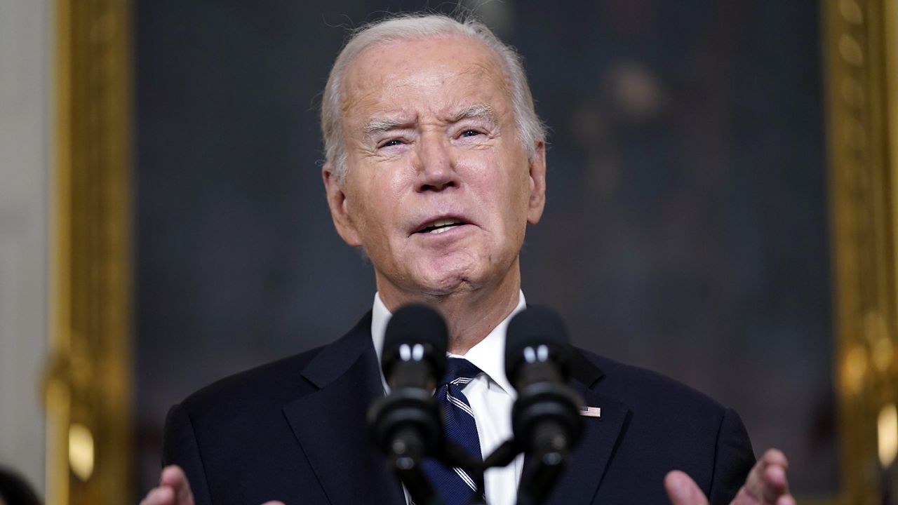 President Joe Biden speaks Tuesday, Oct. 10, 2023, in the State Dining Room of the White House in Washington, about the war between Israel and the militant Palestinian group Hamas. (AP Photo/Evan Vucci)