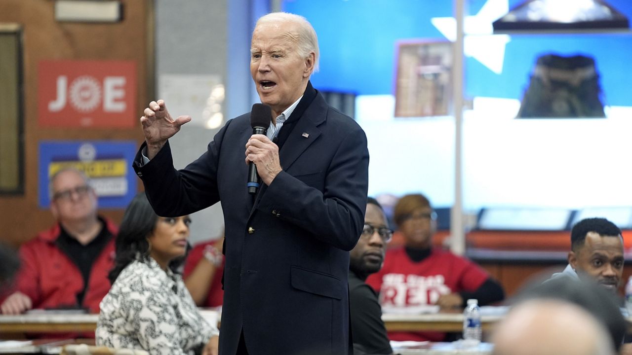 President Joe Biden meets with UAW members during a campaign stop at a phone bank in the UAW Region 1 Union Hall, Thursday, Feb. 1, 2024, in Warren, Mich. (AP Photo/Evan Vucci)