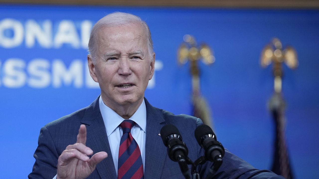 President Joe Biden speaks in the South Court Auditorium on the White House complex in Washington, Tuesday, Nov. 14, 2023, about climate change. (AP Photo/Susan Walsh)