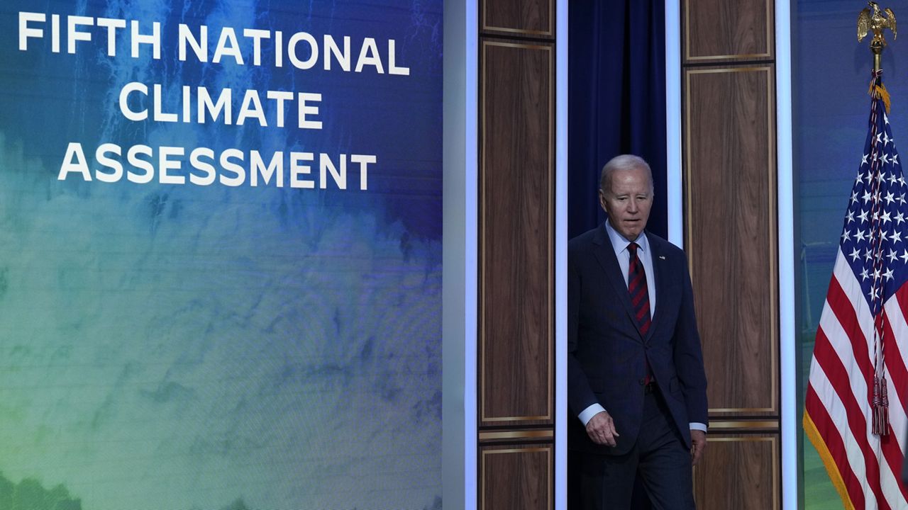 FILE - President Joe Biden arrives to speak in the South Court Auditorium on the White House complex in Washington, Tuesday, Nov. 14, 2023, about climate change. (AP Photo/Susan Walsh)