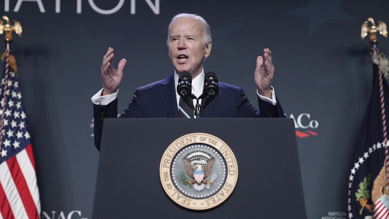 President Joe Biden delivers remarks to the National Association of Counties Legislative Conference, Monday, Feb. 12, 2024, in Washington. (AP Photo/Evan Vucci)