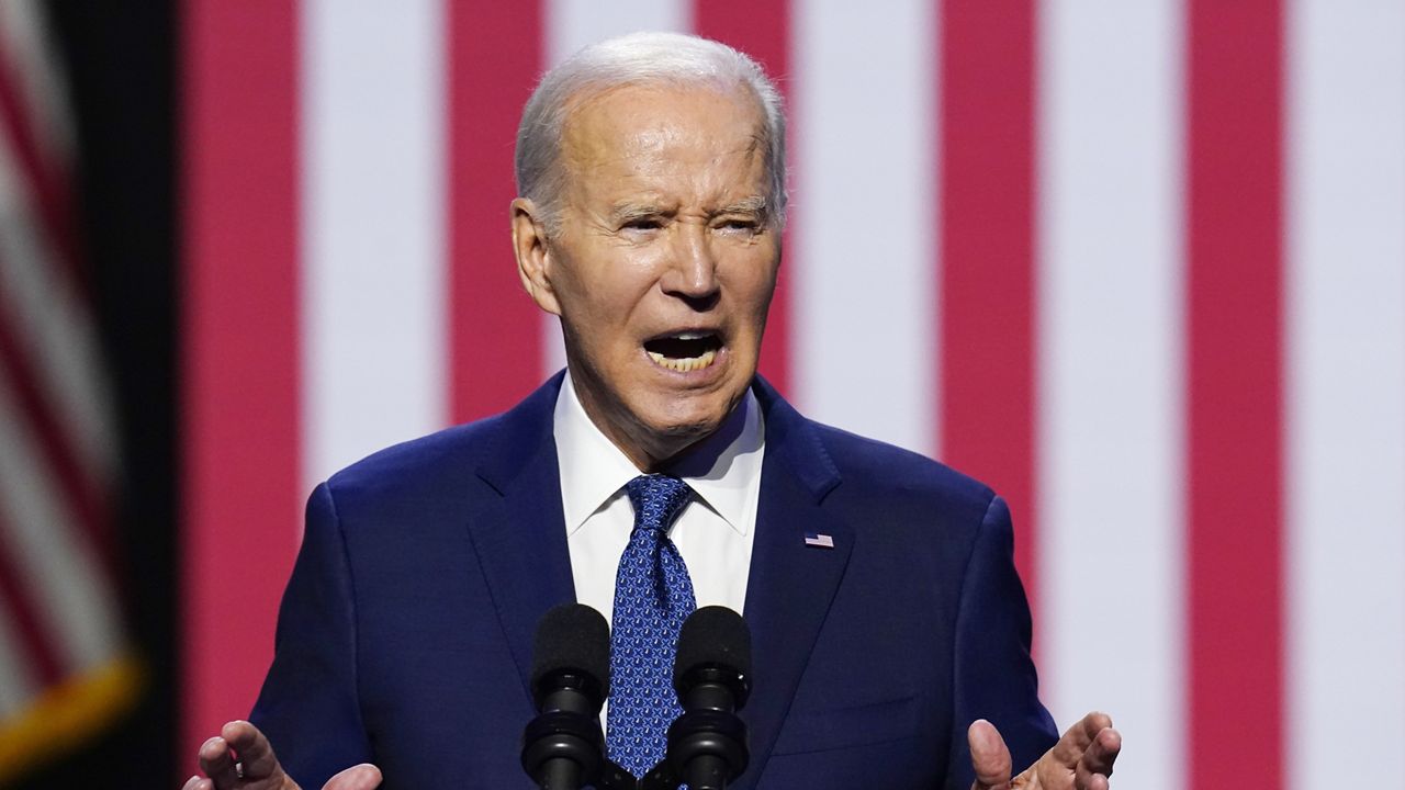 President Joe Biden speaks about democracy and the legacy of Arizona Republican Sen. John McCain at the Tempe Center for the Arts, Thursday, Sept. 28, 2023, in Tempe, Ariz. (AP Photo/Ross D. Franklin)