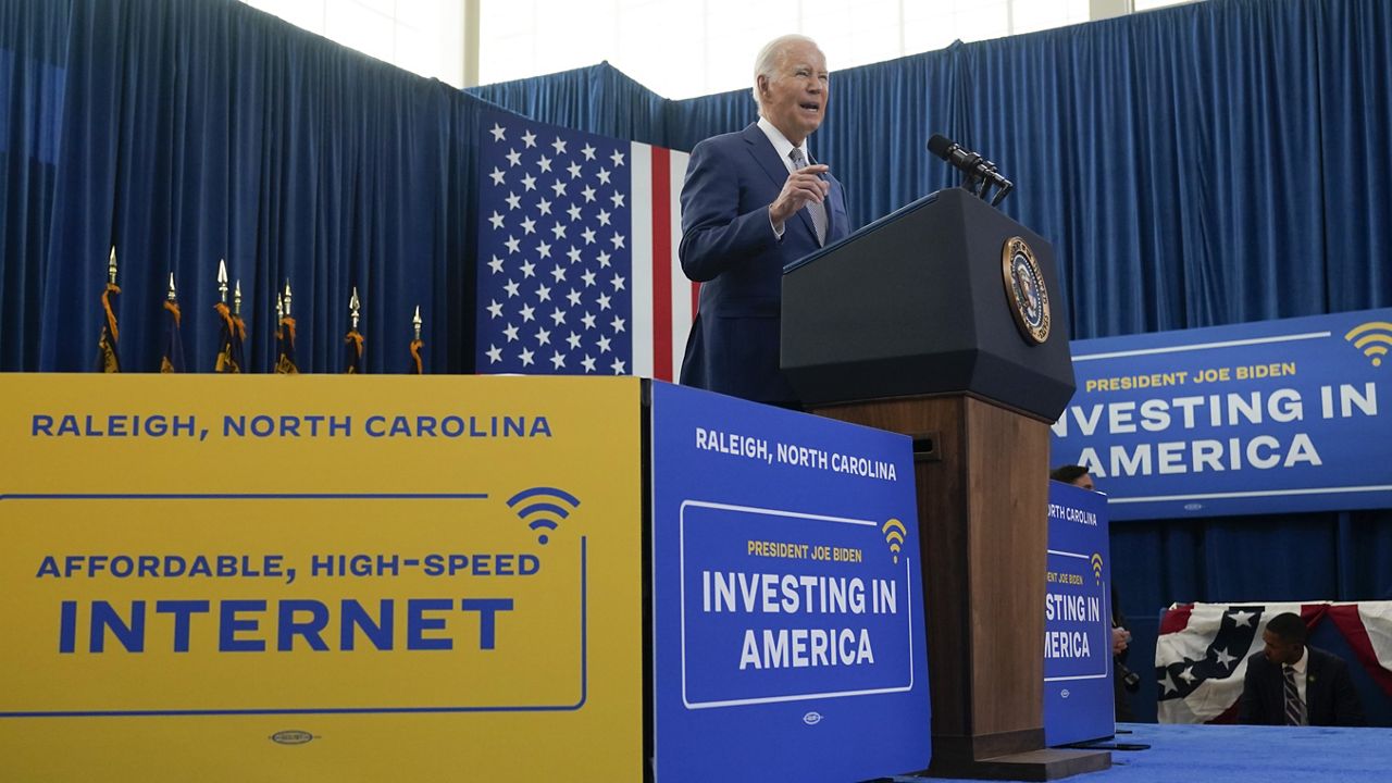 FILE - President Joe Biden speaks at the Abbots Creek Community Center in Raleigh, N.C., to highlight new spending to connect 16,000 households and businesses to high-speed internet on Thursday, Jan. 18, 2024. (AP Photo/Manuel Balce Ceneta)