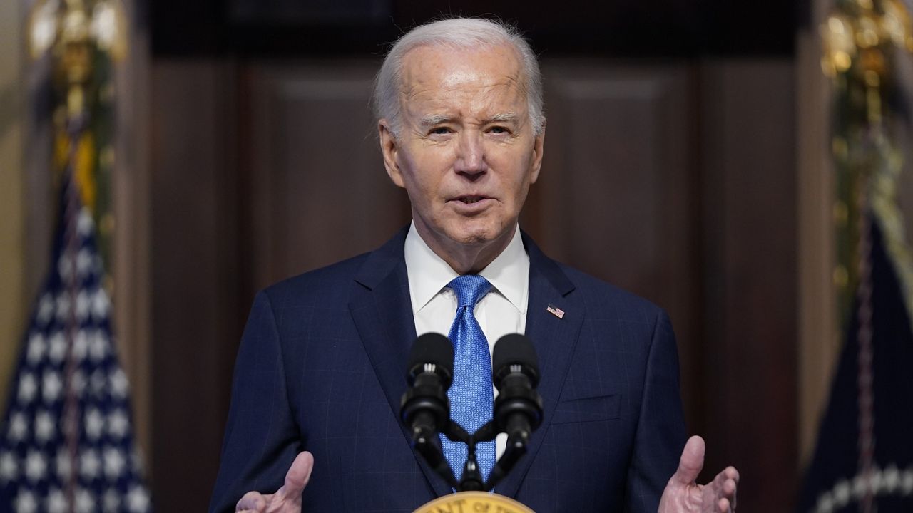 FILE - President Joe Biden speaks during a meeting of the National Infrastructure Advisory Council in the Indian Treaty Room on the White House campus, Wednesday, Dec. 13, 2023, in Washington.  (AP Photo/Evan Vucci)