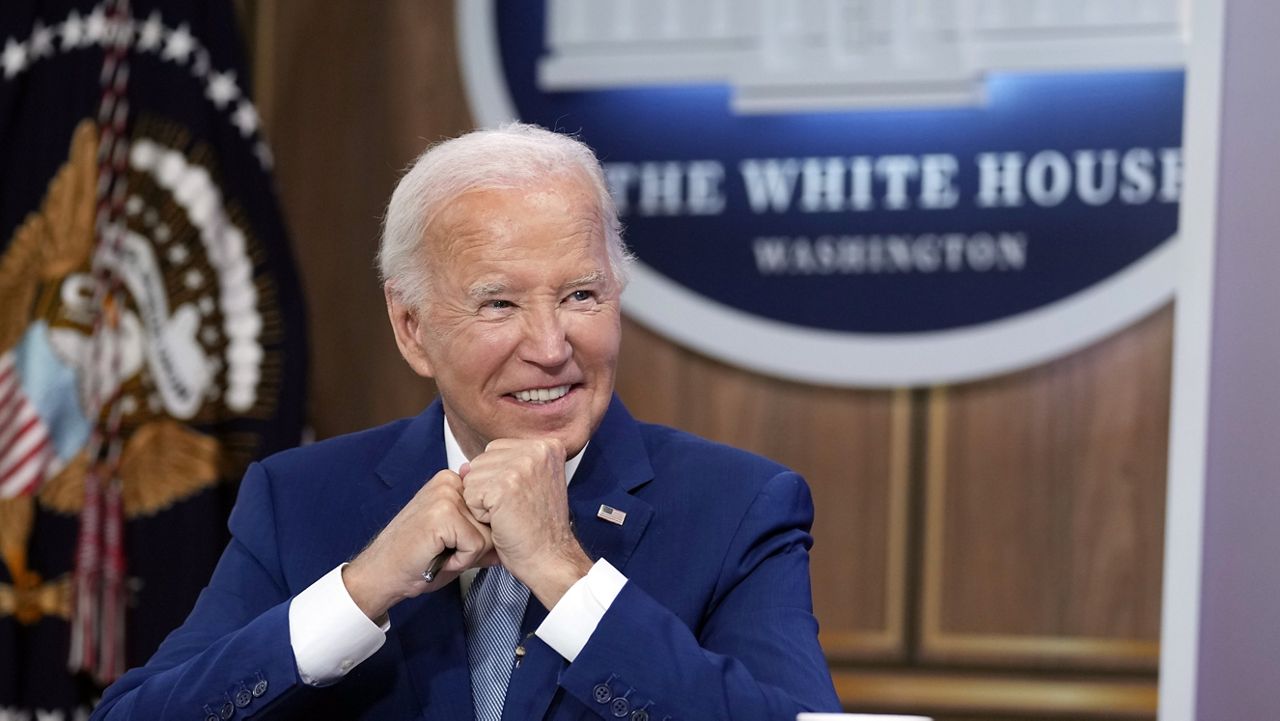 President Joe Biden listens in the South Court Auditorium on the White House complex in Washington, Tuesday, Sept. 3, 2024, as he talks with a virtual participant at the kickoff of the Investing in America event. (AP Photo/Susan Walsh)