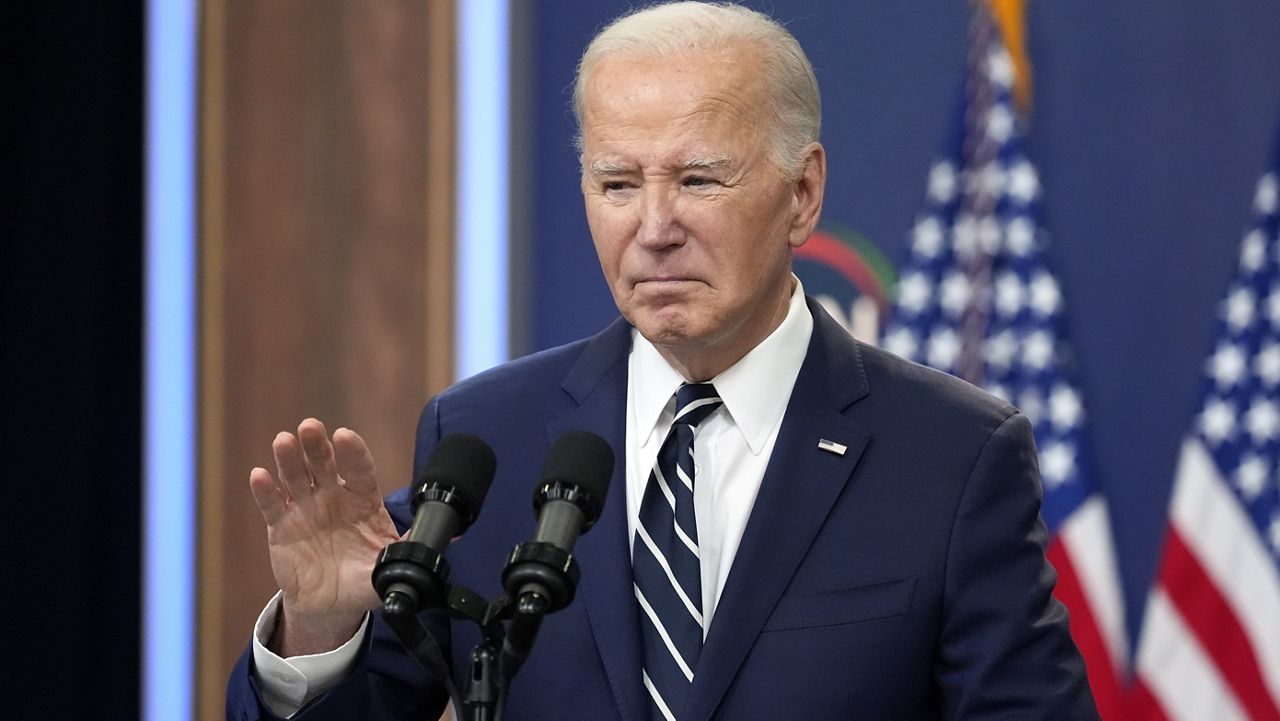 President Joe Biden speaks to the National Action Network Convention remotely from the South Court Auditorium of the White House, Friday, April 12, 2024, in Washington. (AP Photo/Alex Brandon)