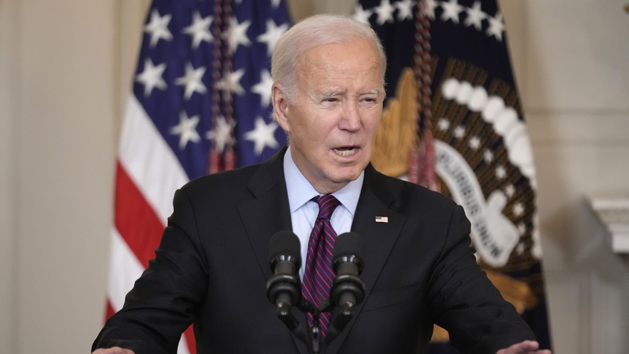 FILE - President Joe Biden speaks during an event on protecting retirement security against what are commonly referred to as "junk fees" in the State Dining Room of the White House, Tuesday, Oct. 31, 2023, in Washington. (AP Photo/Andrew Harnik)