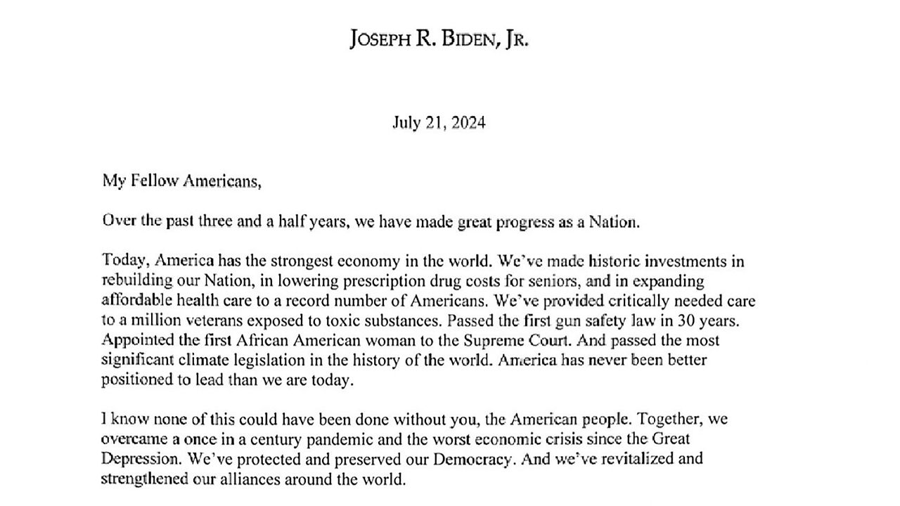 This screenshot taken from President Joe Biden's X account shows the letter that Biden wrote to announce that he was dropping out of the 2024 race for the White House on Sunday, July 21, 2024, and would no longer seek reelection. (X via AP)