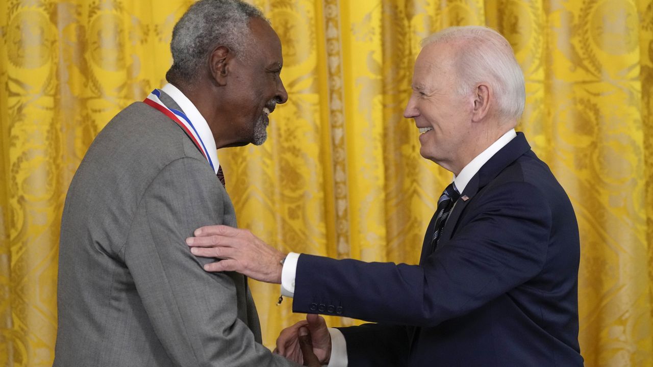 President Joe Biden awards the National Medal of Science to Gebisa Ejeta in the East Room of the White House, Tuesday Oct. 24, 2023 in Washington. (AP Photo/Jacquelyn Martin)