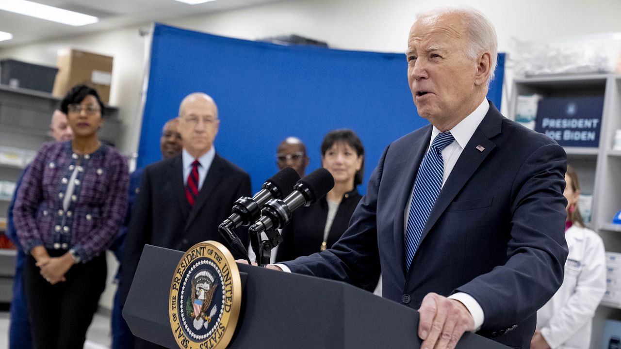 President Joe Biden speaks about prescription drug costs at the National Institutes of Health in Bethesda, Md., Thursday, Dec. 14, 2023. (AP Photo/Andrew Harnik)